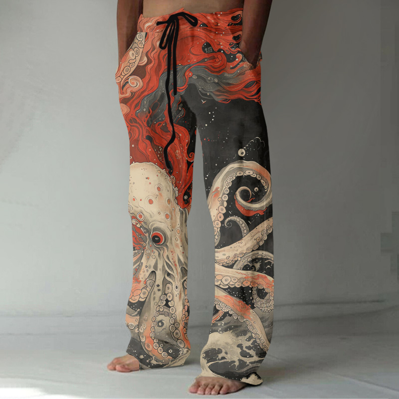 Vintage Japanese Art Octopus Print Linen Blend Casual Pants  artssus