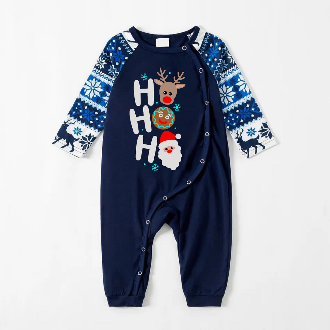 HO HO HO Text and Santa Claus Print Blue Family Christmas Matching Pajamas