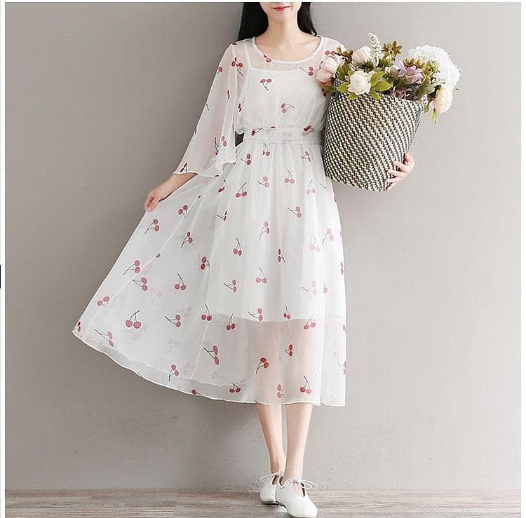 White/Pink Fairy Cherry Chiffon Dress SP1812124