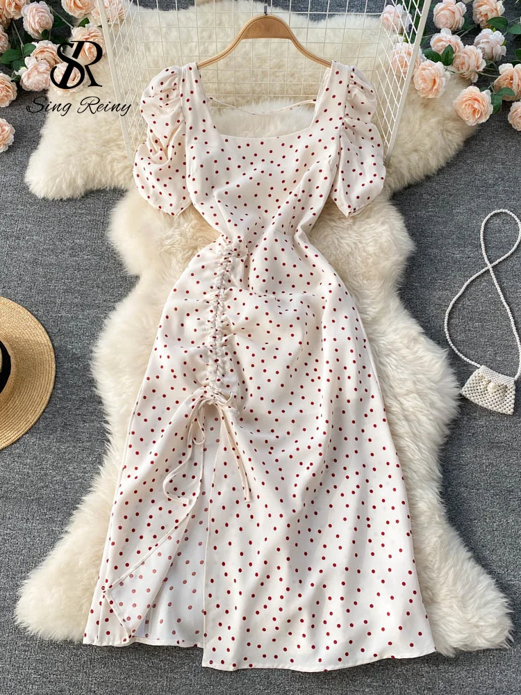 Huibahe Square Collar Polka Dot Dress Women Short Puff Sleeves 2024 New Ssummer Beach Sundress French Sweet Chiffon Long Dress