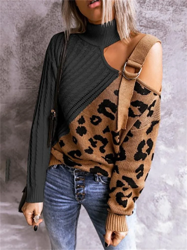 Leopard High Neck Cold Shoulder Sweater