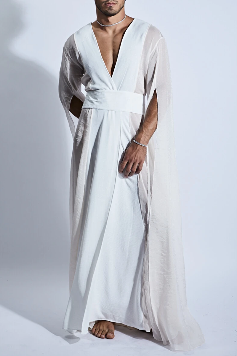 Mesh Patchwork Slit Long Sleeve Tie-Up Belted Maxi Kimono [Pre-Order]