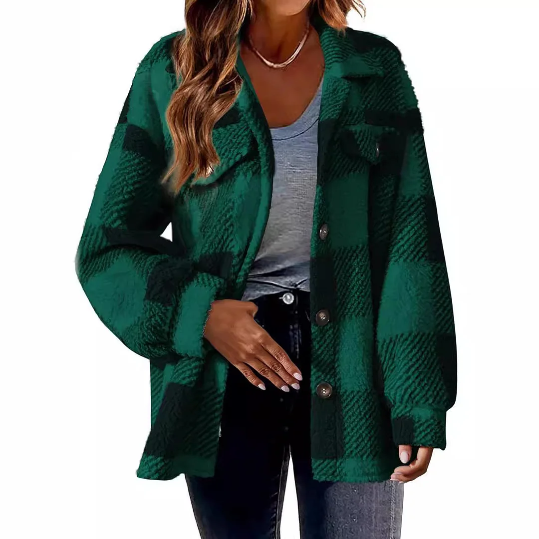 Uveng Uveng Women's 2025 New Autumn And Winter With Pocket Lattice Lamb Jacket Button Plush Jacket