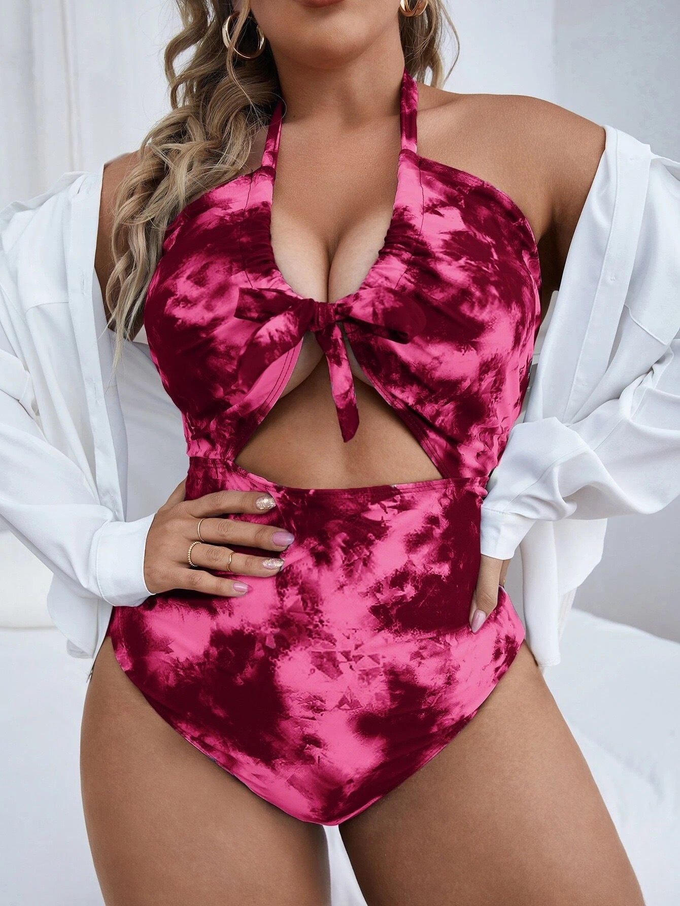 Plus Size New Bikini Tie-Dyed Multi-Color Sexy Hollow Out Cutout Lace-up Halterneck  Swimsuit for Women