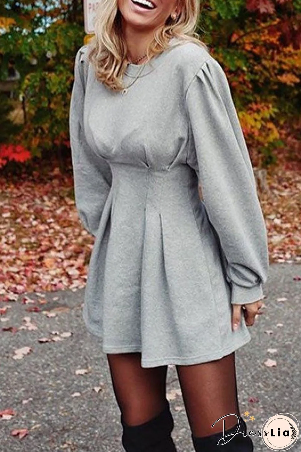 Fashion Long Sleeve Pleated Dress