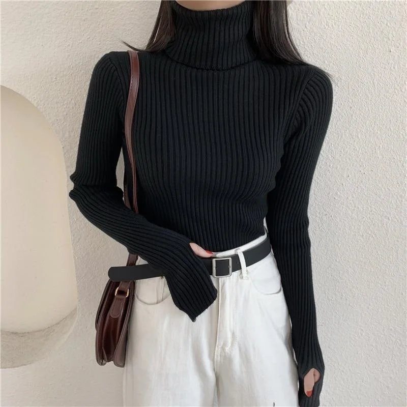 2021 Winter Knitted Turtleneck Sweater Basic Rib Fall Casual Slim Pullover Womens Elasticity Jumper Pull Femme With Thumb Hole