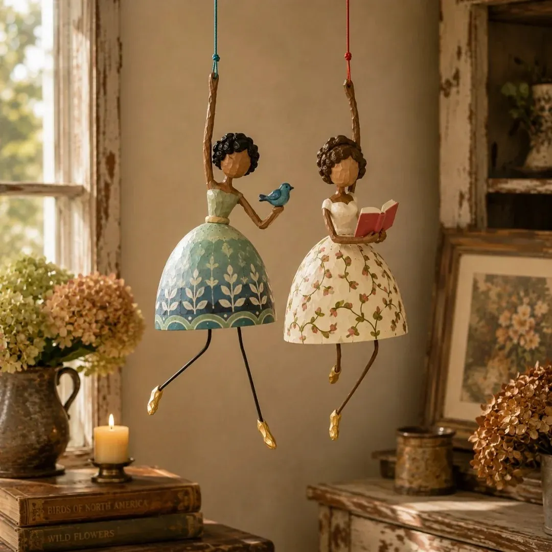 Two whimsical hanging ladies
