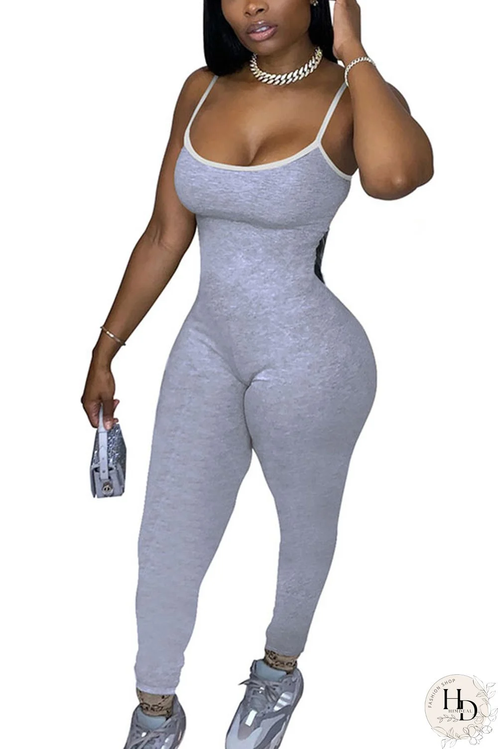 Black Fashion Sexy Solid Polyester Sleeveless Slip Jumpsuits