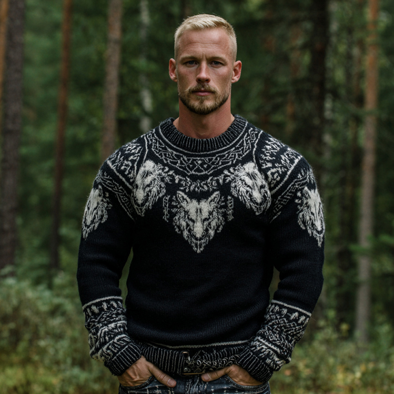 Men's Viking Wolf And Geometric Pattern Warmth Knit Crew Neck Sweater elevenforest
