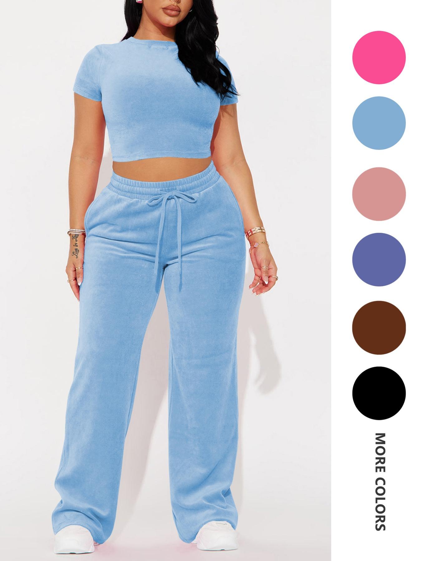 Two-piece Set Women's Solid Crop Tee & Drawstring Waist Pants Velvet Set, Casual Short Sleeve Round Neck T-shirt & Elastic Waist Trousers, Ladies Summer Clothes, Casual Matching Set Two-piece Set Women's Solid Crop Tee & Drawstring Waist Pants Velvet Set, Casual Short Sleeve Round Neck T-shirt & Elastic Waist Trousers, Ladies Summer Clothes, Casual Matching Set