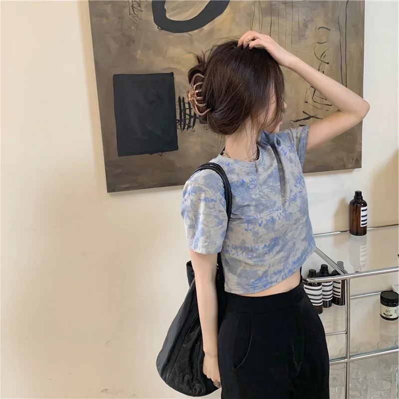 Brownm Brownm Celebrity Tie-Dye Short-Sleeved T-Shirt Women Loose Summer 2024 New Korean Version High Waist Crop Short Clothes Women