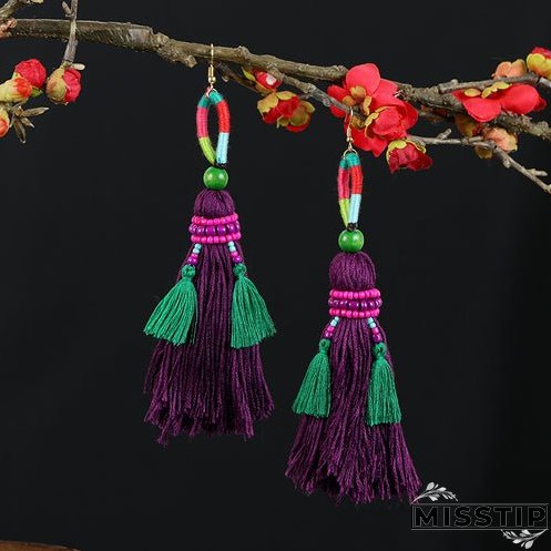 Retro national style contrast color pommel Earrings exaggerated personality Bohemian holiday long tassel temperament Earrings women