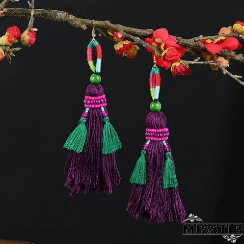 Retro national style contrast color pommel Earrings exaggerated personality Bohemian holiday long tassel temperament Earrings women