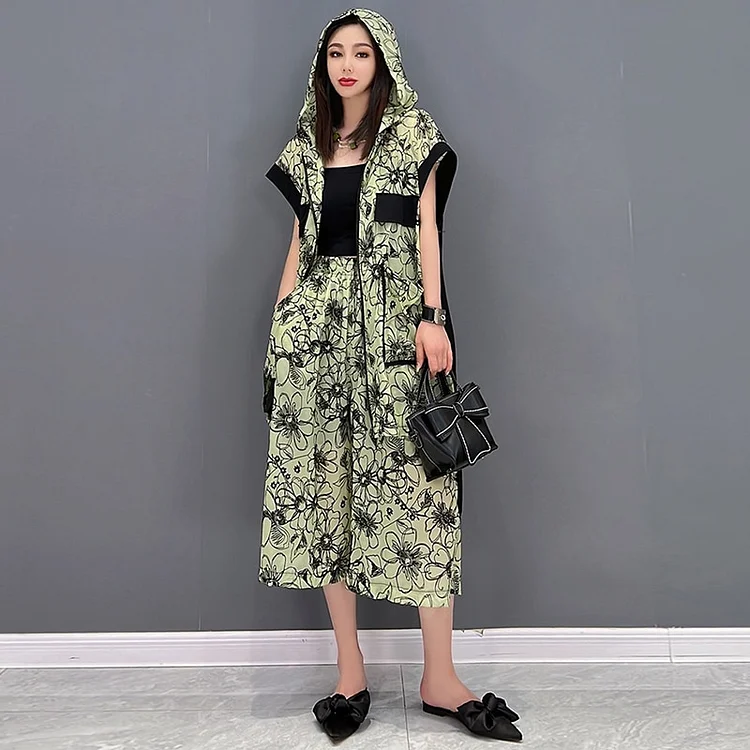 Stylish Flower Printed Patchwork Short Sleeve Hooded Jacket And Cropped Pants Two Pieces Set
