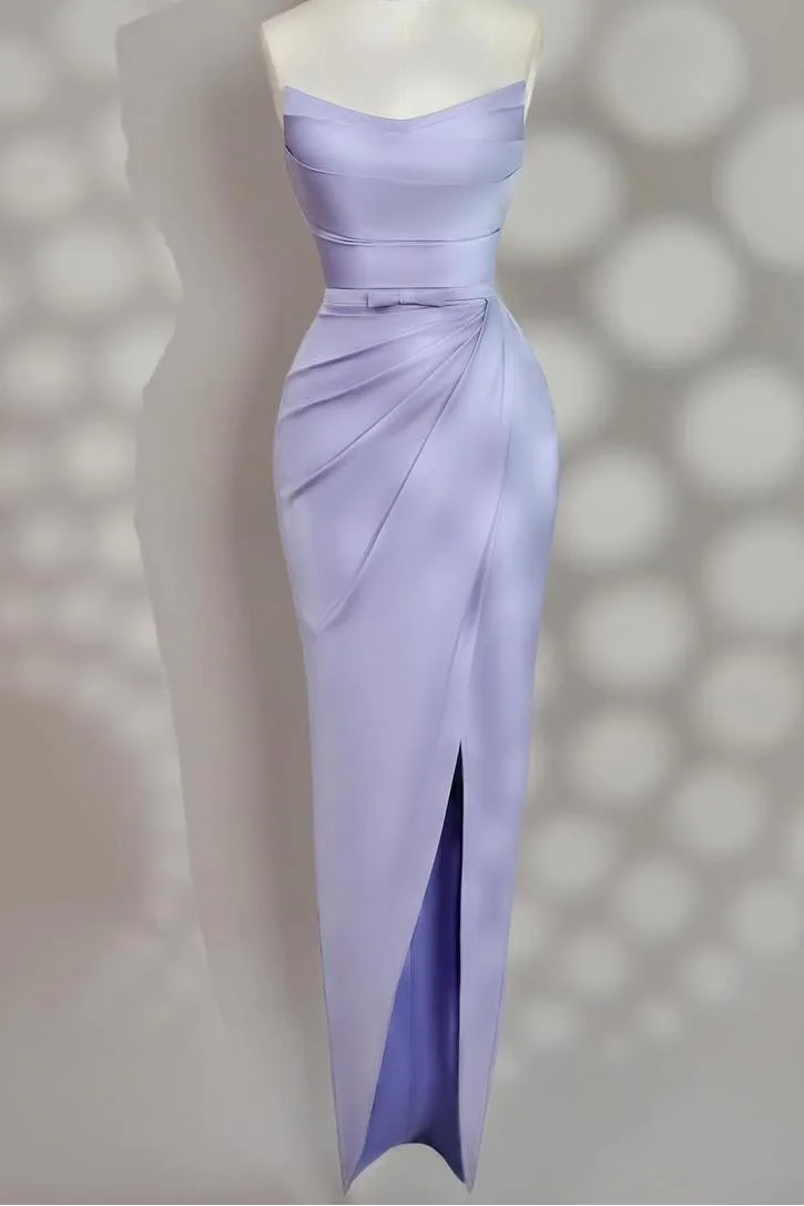 Miabel Simple Light Purple Satin Strapless Sleeveless Long Pleated Prom Dress with Split 