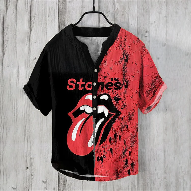Comstylish Retro Stones 2024 Hackney Diamond Tour Fun Lip Contrast Linen Blend Shirt