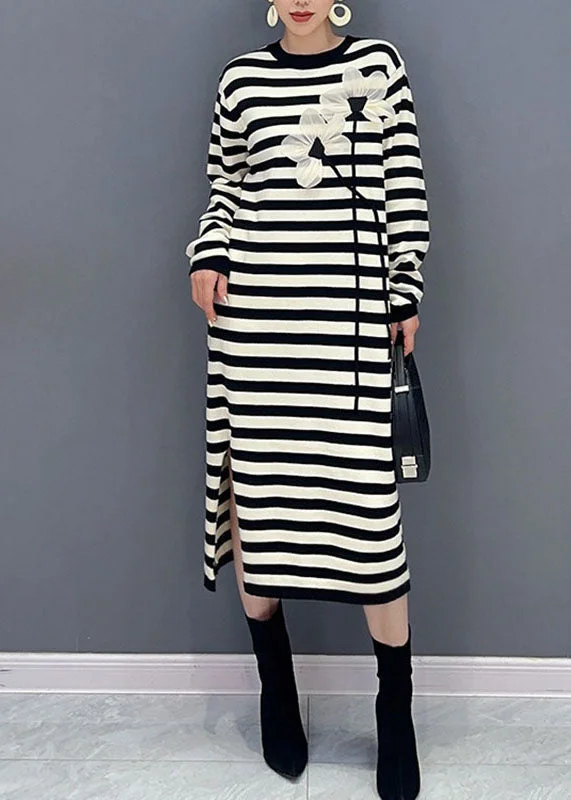 French Striped O-Neck Floral Side Open Holiday Long Dress Long Sleeve