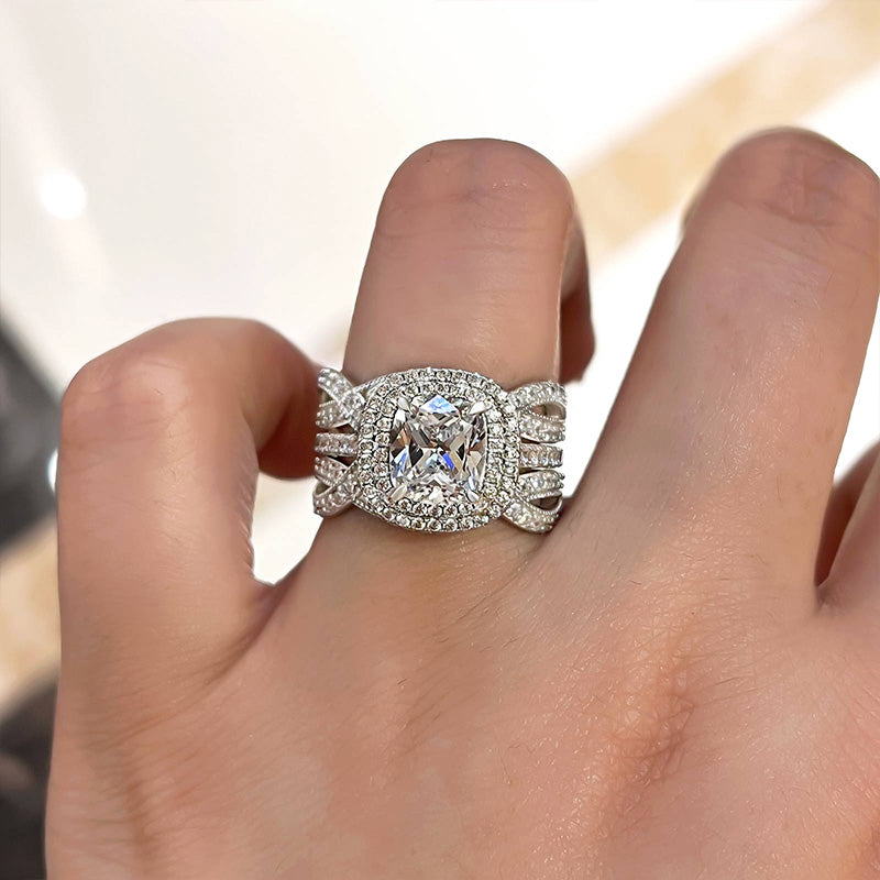 Vintage Double Halo Cushion Cut Insert Wedding Bridal Set In Sterling Silver