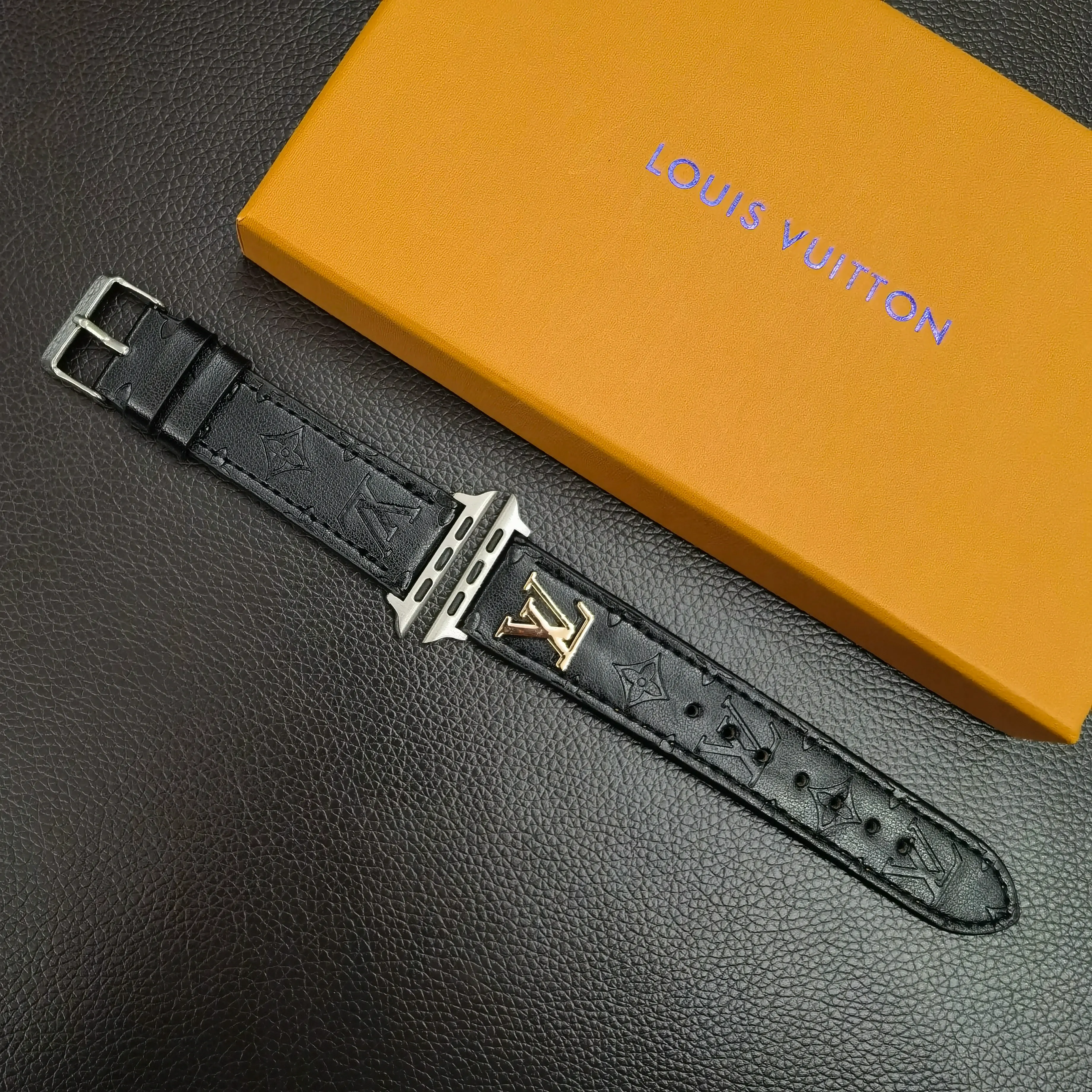 LV Metal Logo 3D Embossed Monogram Leather Apple Watch Bnad