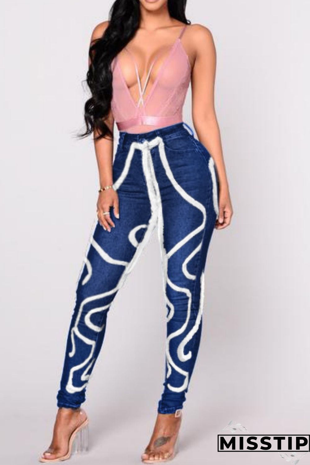 Light Blue Casual Solid Patchwork Mid Waist Regular Denim Jeans