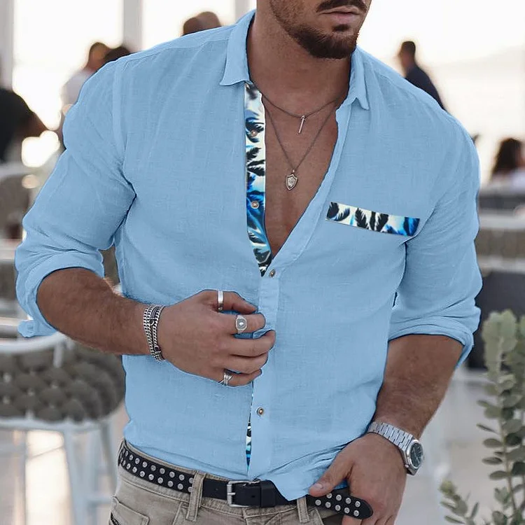 Men's Plant Geo Pattern Buttons Turndown Collar Long Sleeve Shirt
