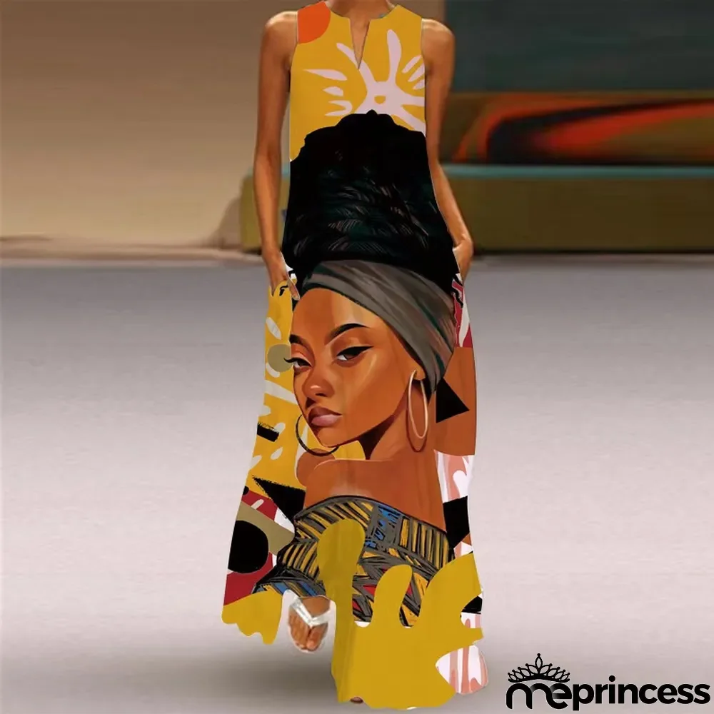 Summer women's sleeveless dress v-neck printed face dress