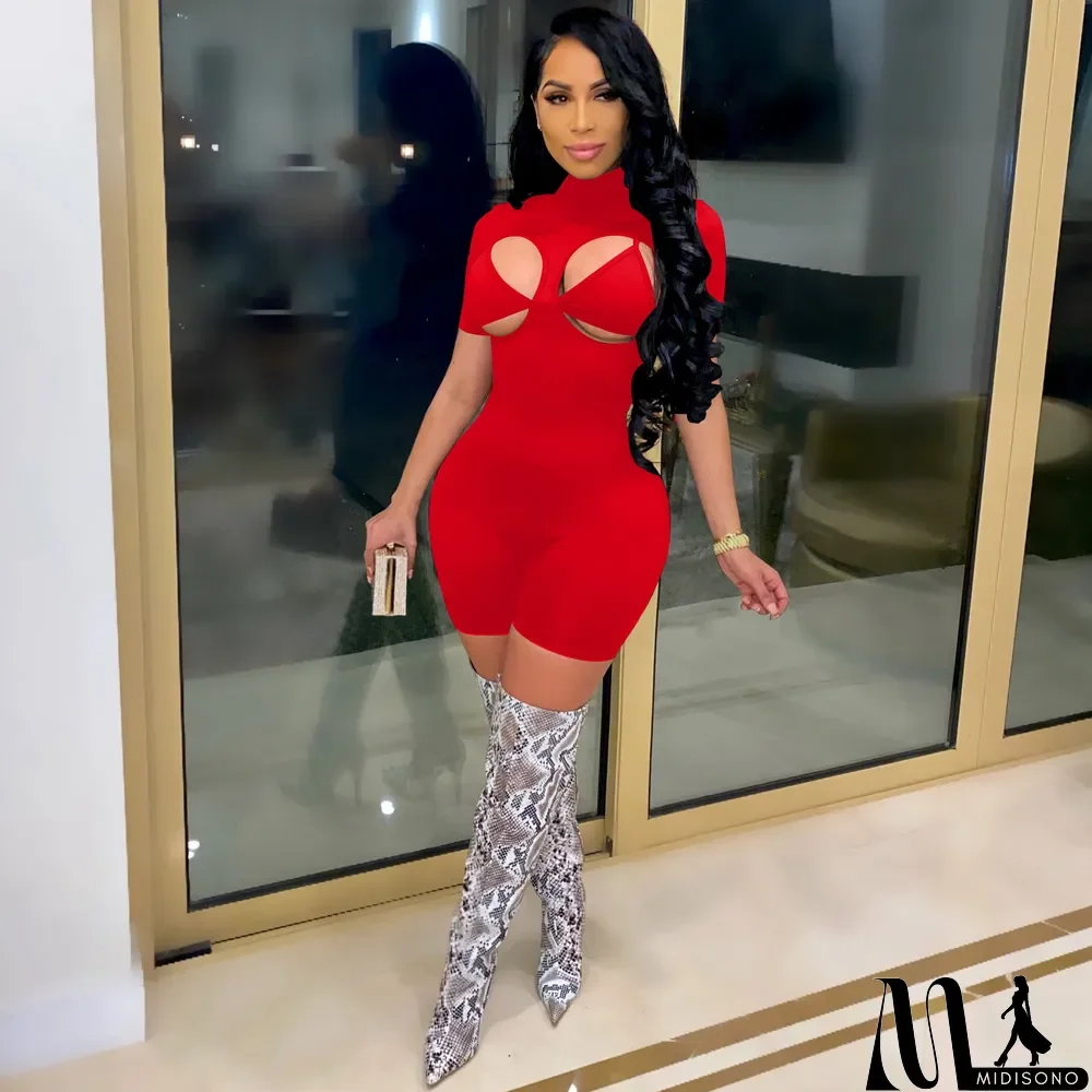 MidiSono - Solid Sexy Turtleneck Hollow Tight Rompers