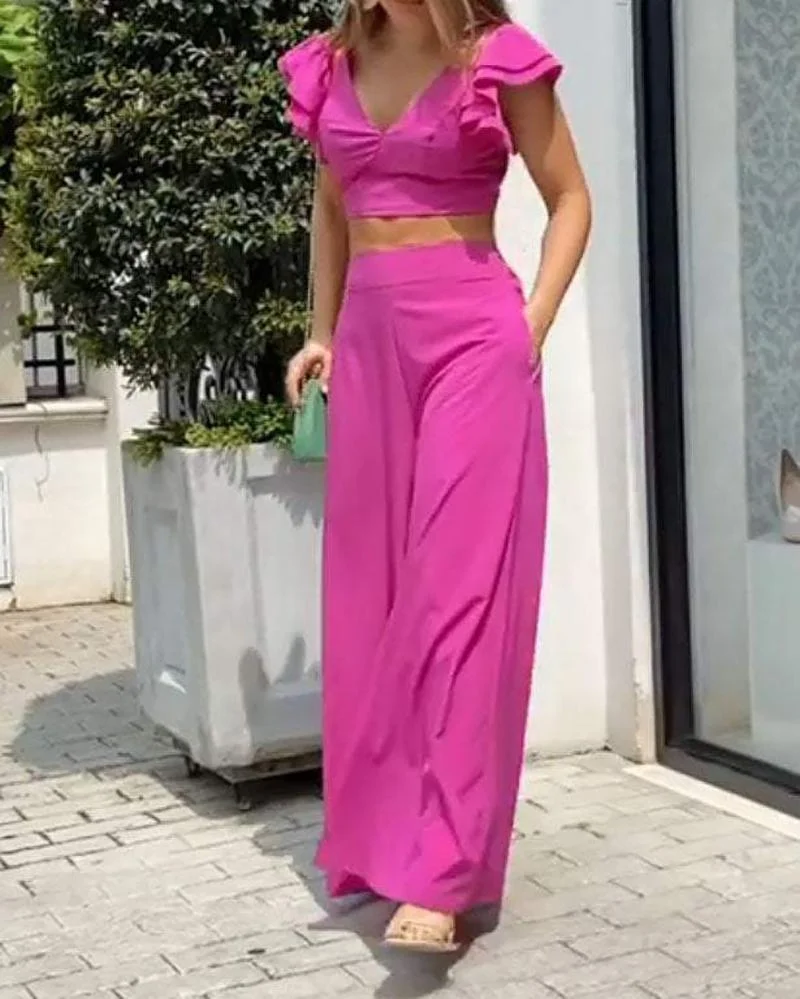 BUTTERFLY SLEEVE SOLID COLOR TWO-PIECE SET