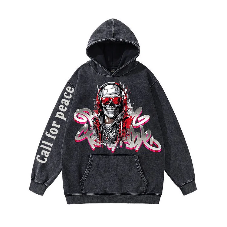 Vintage Casual Skull Printed Hoodie Oversized Washed Long Sleeve Pullovers at Hiphopee