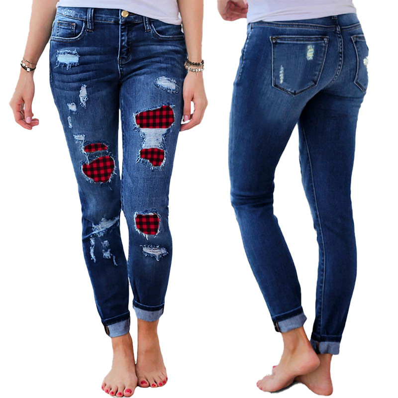 Vintage Washed Ripped Plaid Stitching Skinny Jeans wearshes