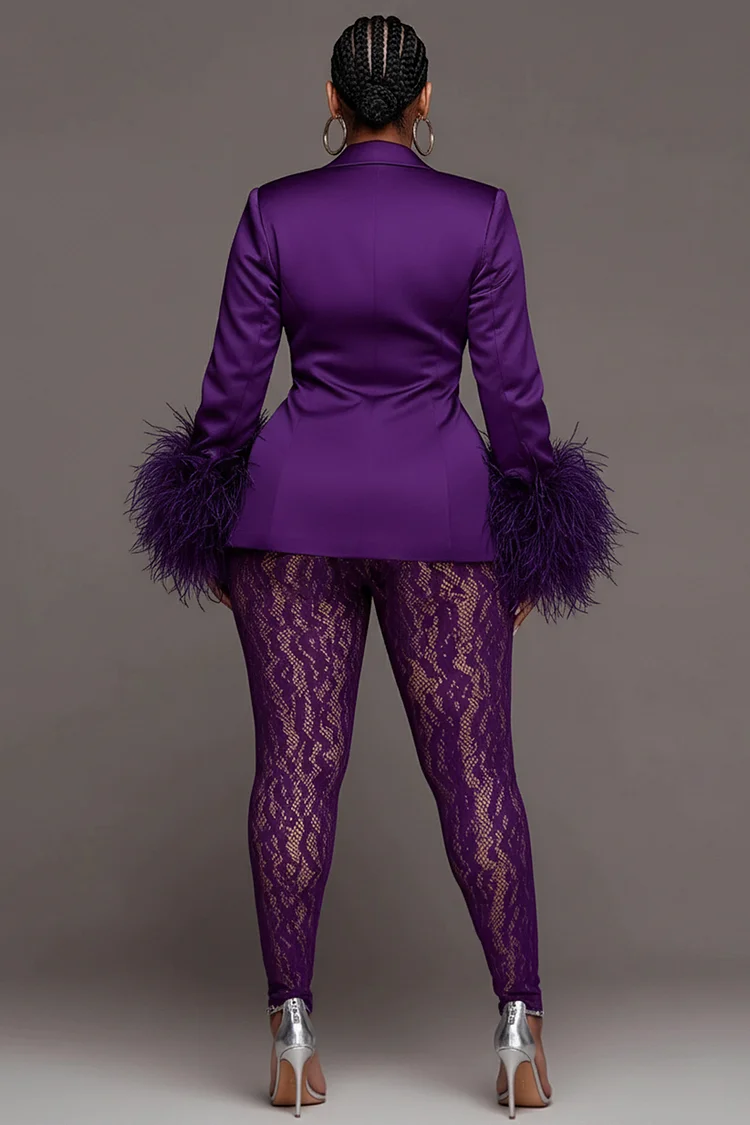 Xpluswear Design Plus Size Mardi Gras Lace Purple Lapel Collar Long Sleeve Feather See Through Satin Two Piece Pant Suits [Pre-Order]