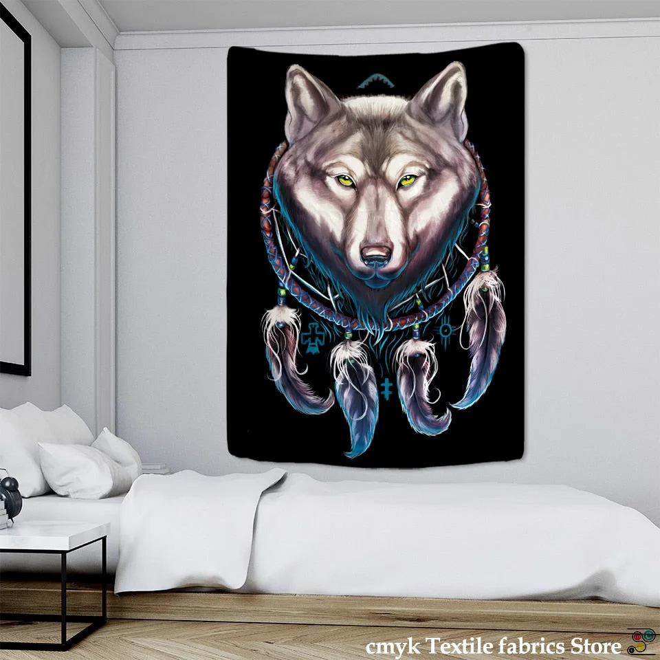 Snow Wolf Tapestry Wall Hanging Psychedelic Witchcraft Bohemian Mysterious Art Landscape Room Home Decor