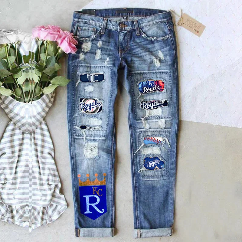 STRETCH RIPPED FRAYED RAW HEM DISTRESSED DENIM JEANS WITH HOLE