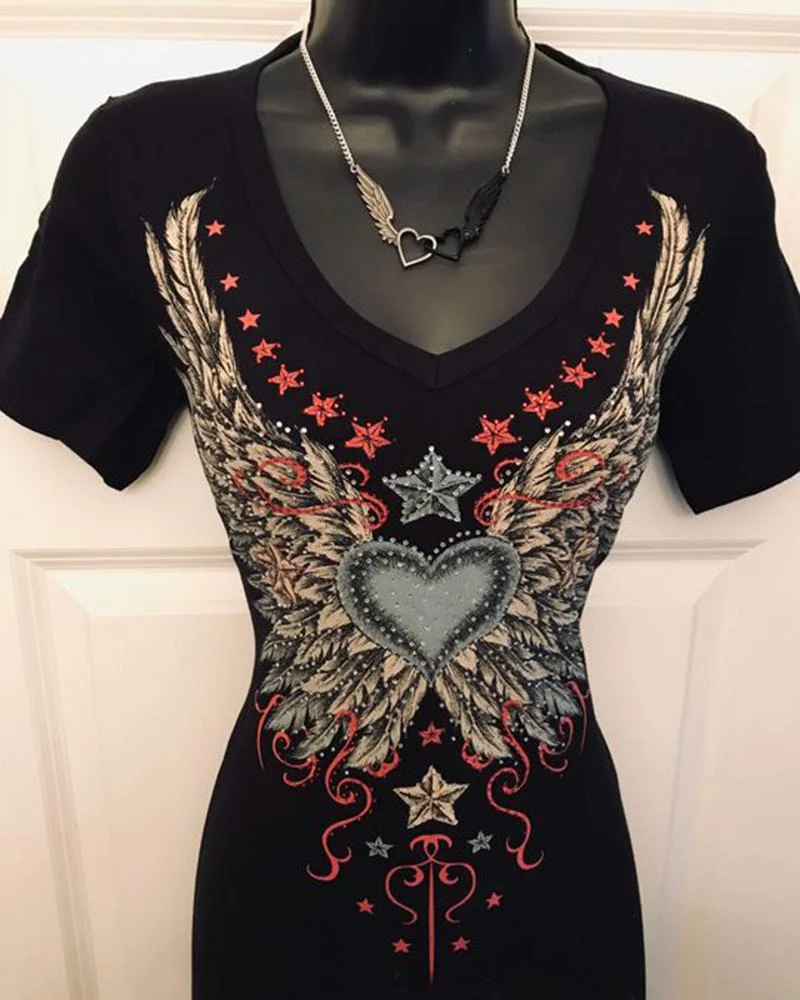 Women's Wings Black Print Punk Short Sleeve T-Shirt