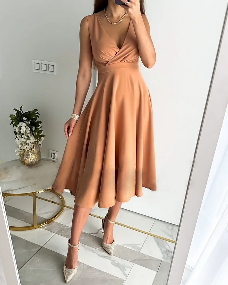 Casual Solid Color V-neck Sleeveless Dress