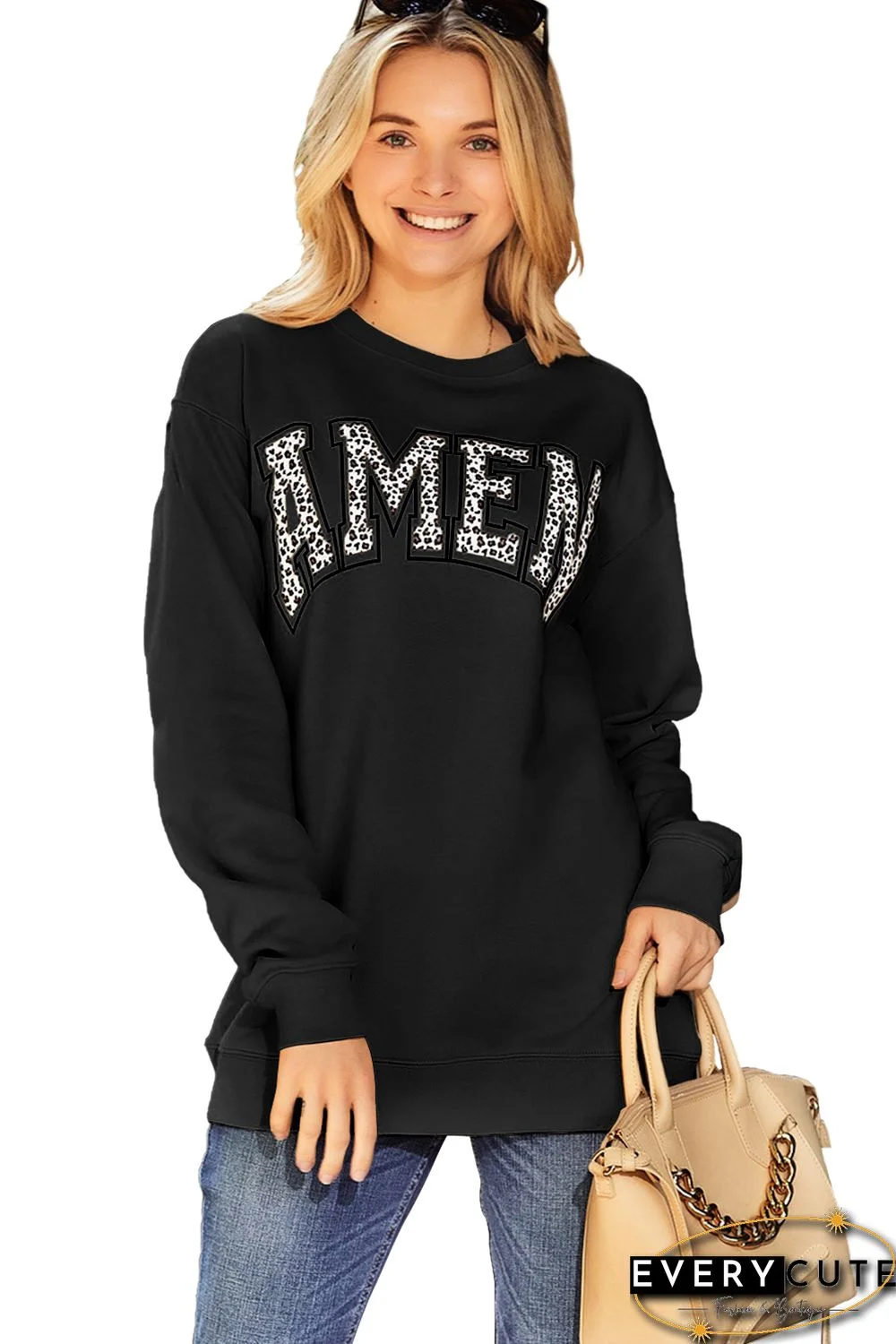 Black AMEN Leopard Letter Print Oversized Pullover Sweatshirt