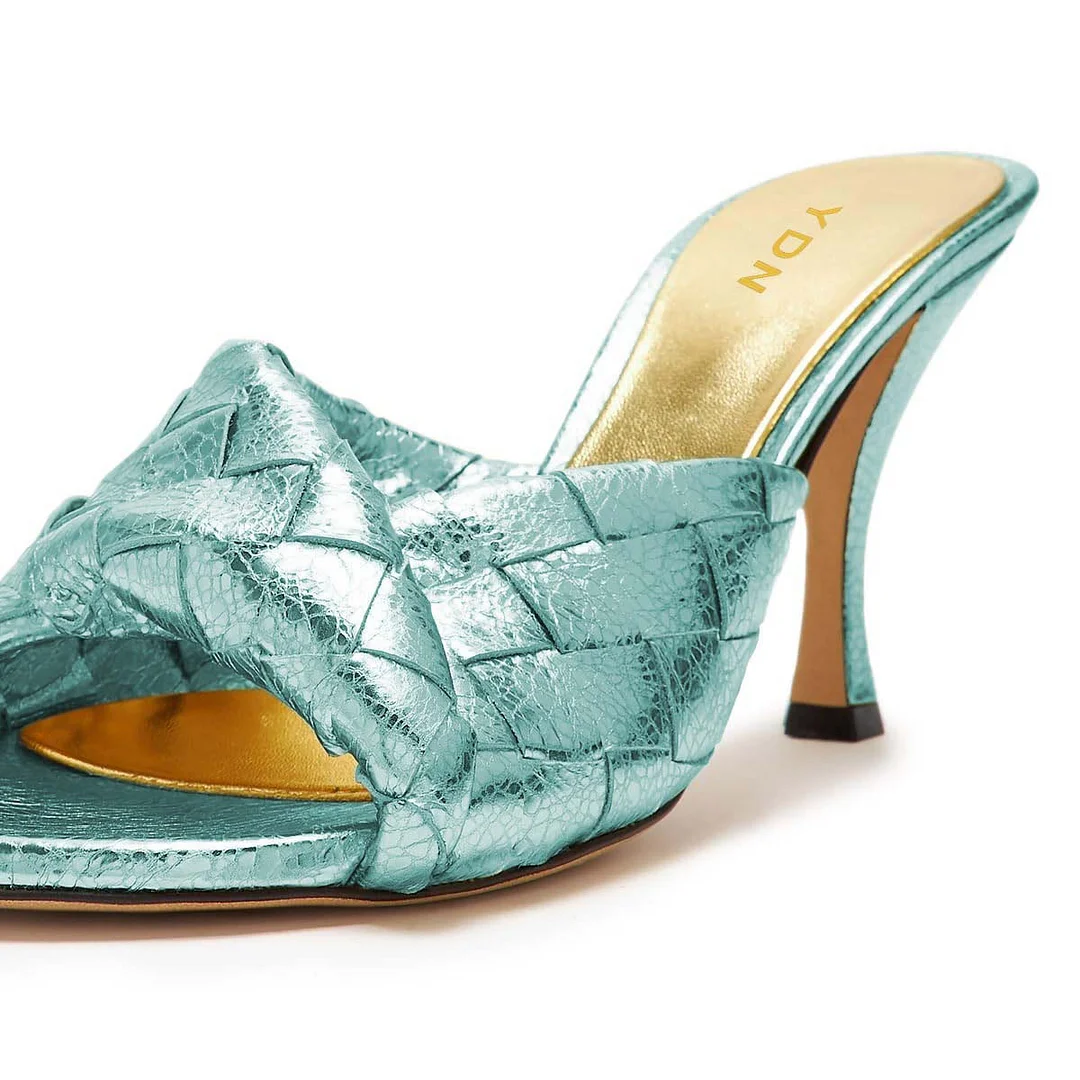 YDN Turquoise Cracked Vegan Leather Woven Open Round Toe Mule Heels