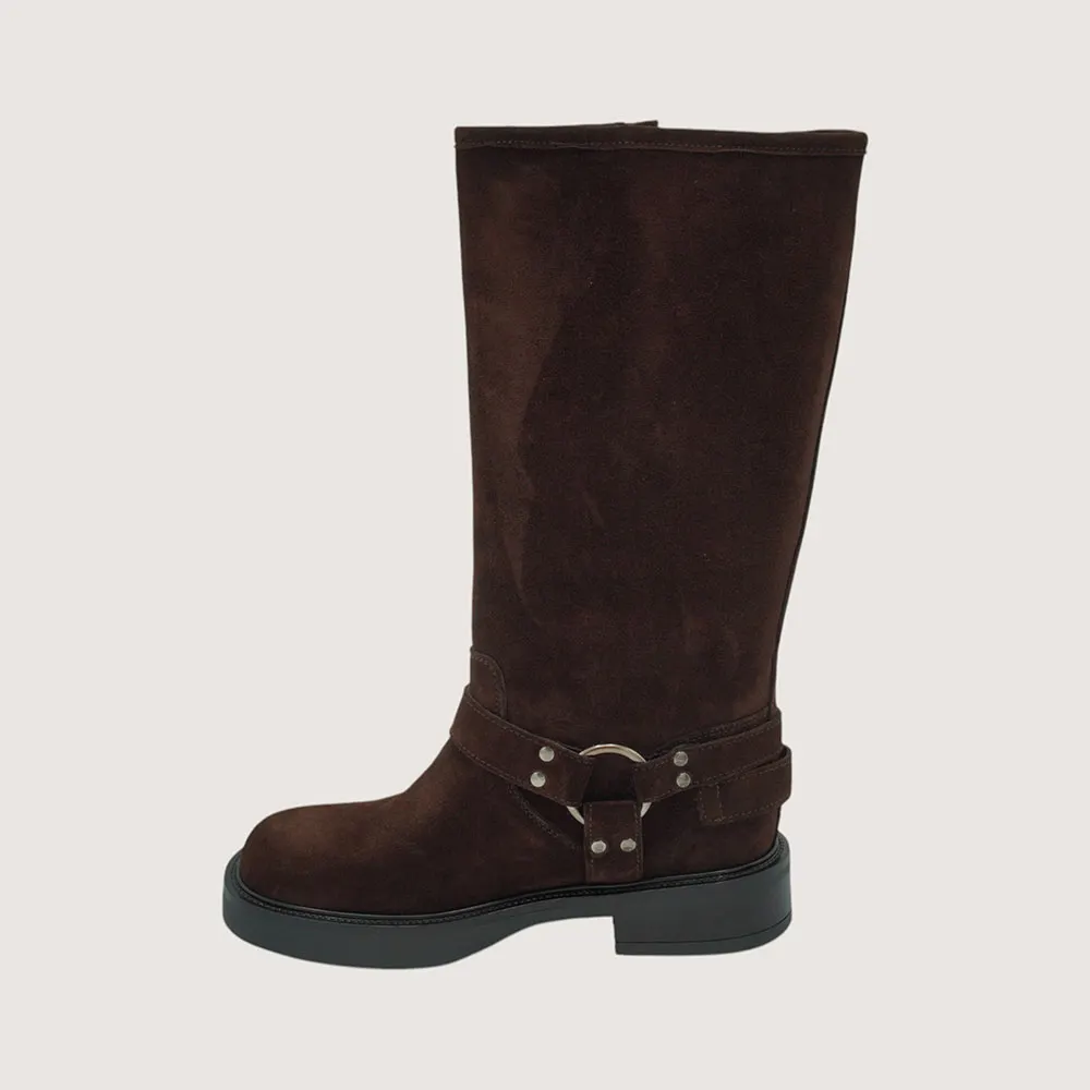 Brown Vegan Suede Round Toe Buckle Strap Motorcycle Mid-Calf Boots