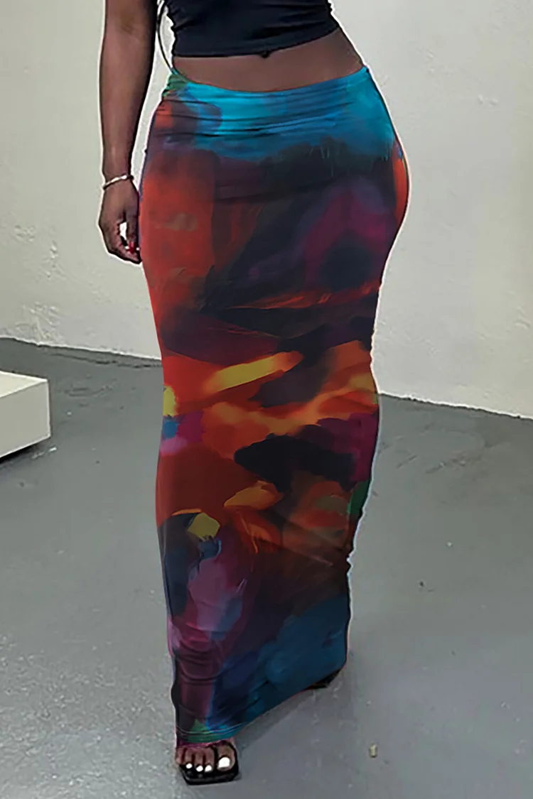 Colored Drawing Print Bodycon Casual Maxi Skirt-Blue