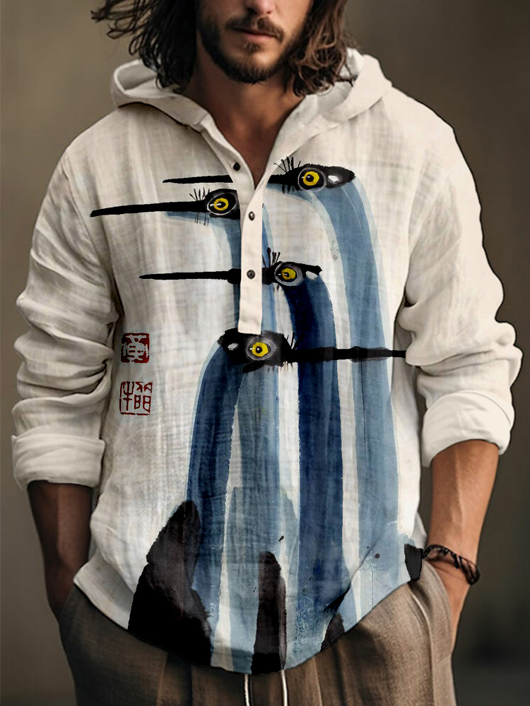Antique Crane Watercolor Japanese Art Linen Blend Hooded Shirt wearshes