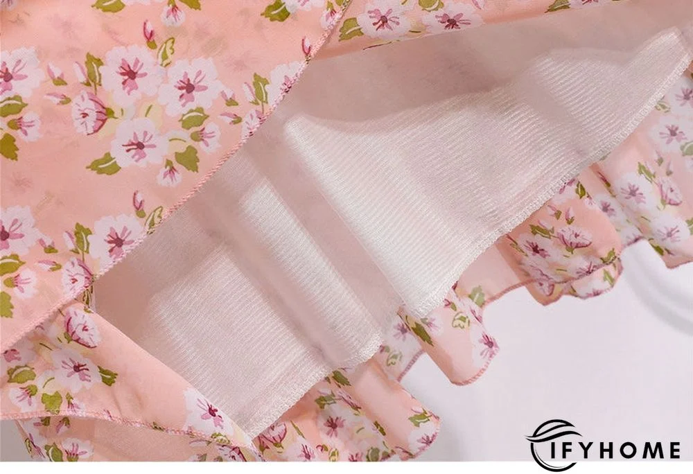 Spring Summer Chiffon Women V-Neck Floral Print Short Dresses Sweet Ruffle Sleeeve Slim Drawstring Ladies Dress | IFYHOME