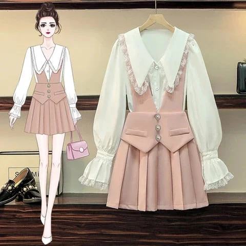 pornhint Pornhint Separately sale Spring Fall 2 Piece Set Women Lace Trim Flare sleeve Chiffon Shirt + Pearl button Pleated Suspender Dress Suits