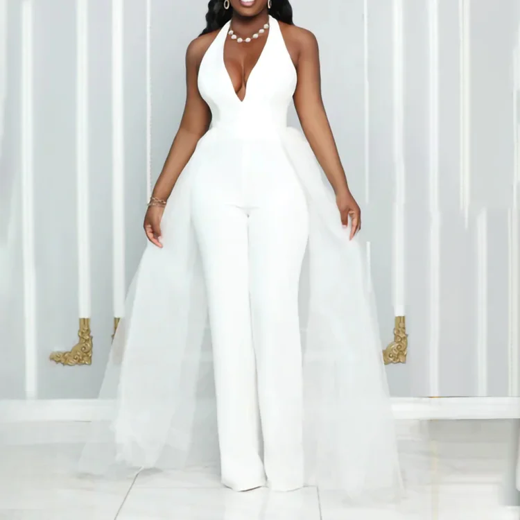 White Elegant Jumpsuits for Women Lantern Sleeve High Waisted Solid Fashion Office Ladies Formal Business Work Wear Overalls Hot QueenFunky