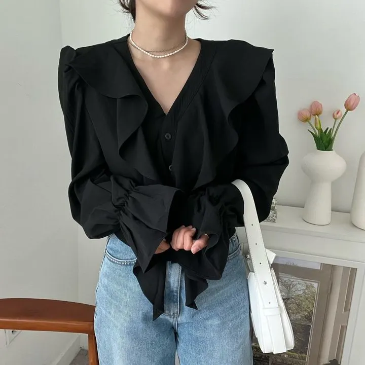 Churchf Churchf Update Chic Fall French Temperament V Neck Flounce Horn Sleeve Design Sense Versatile Shirt Top