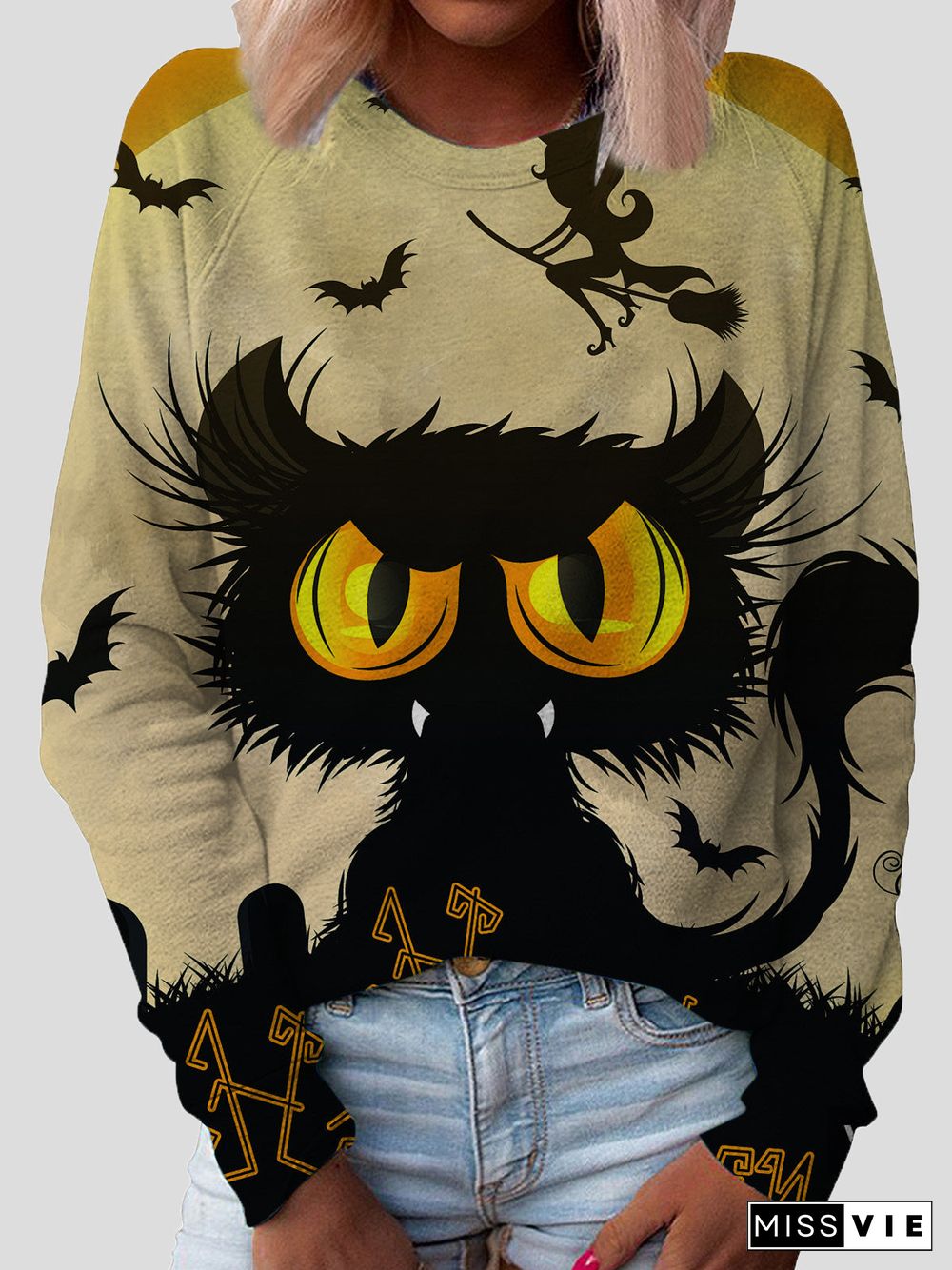 Women'S T-Shirts Cat Print Round Neck Long Sleeve T-Shirt