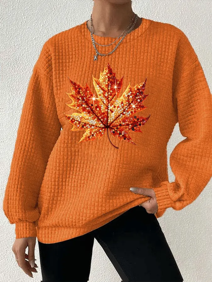 Women's Autumn Sequin Maple Leaf Print Gingham Crew Neck Sweatshirt 