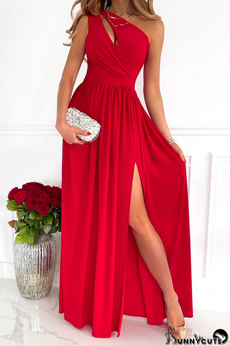 Red Fashion Patchwork Slit One Shoulder Waist Skirt Dresses