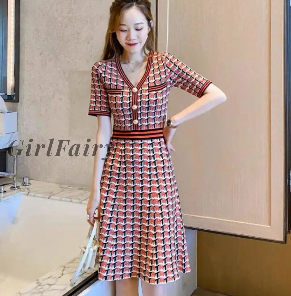 Girlfairy New Designer Fashion Plaid Button Decor Lady Winter Knitting Dress Casual Chic A Line
