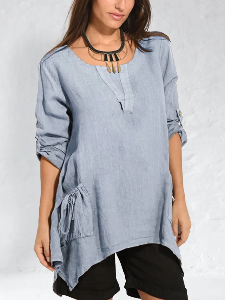 ⚡NEW SEASON⚡Drawstring Patch Pockets Roll Tab Linen Tunic