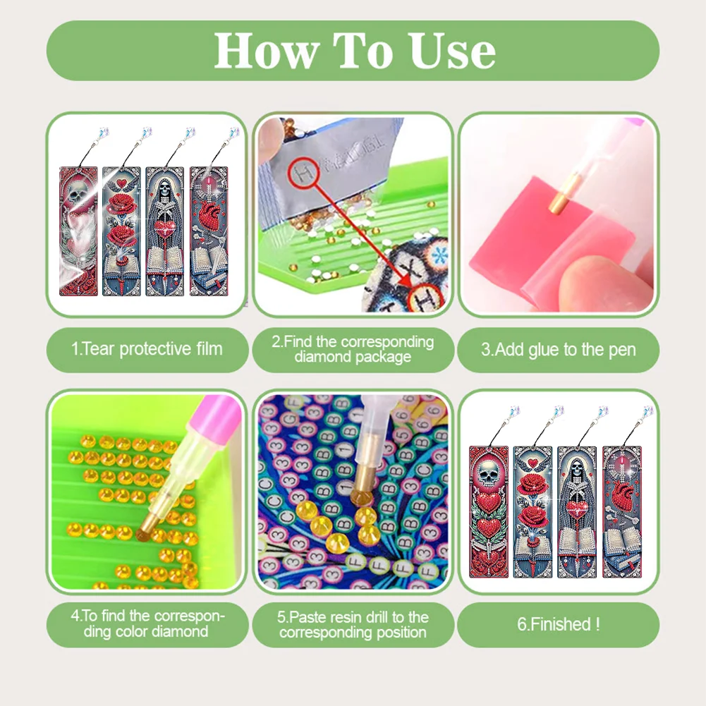 4Pcs Skull Rose Themed DIY Diamond Painting Bookmark for Reading Enthusiasts